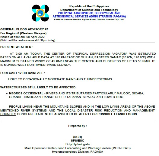dost_pagasa's tweet photo. General Flood Advisories (GFAs)
Issued @ 6AM, 09 April 2022
Region 4B (MIMAROPA) - #GFA2
Region 5 (Bicol Region) - #GFA5
Region 6 (Western Visayas) - #GFA7
Region 7 (Central Visayas) - #GFA7 https://t.co/88369lKyQM