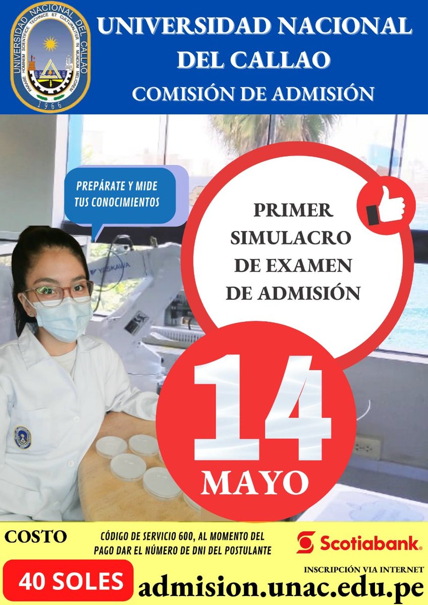CAdmision_UNAC's tweet photo. 🕵️‍ ¡UNAC TE ESPERA! 👨‍🎓🧑‍🎓 
¡Prepárate y mide tus conocimientos!
👉 Fechas para el primer simulacro de examen de admisión: 
1️⃣4️⃣ MAYO 
Costo: S/.40
#SIMULACROUNAC
#ADMISIONUNAC https://t.co/VCOOkp3KEK