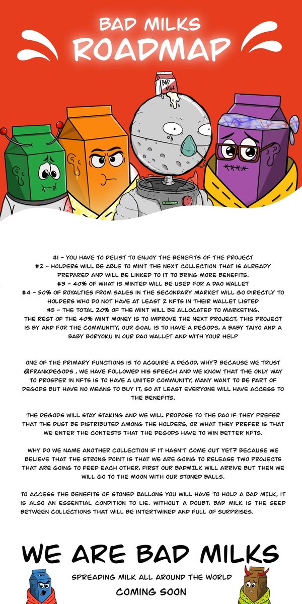 BadMilksNFT's tweet photo. We are very happy to offer you our roadmap, we are here for and by the community, we would like to know what you think of it. Also we are going to give 0.1 Sol to anyone who RT and comment this post, good luck! Discord link only with private invitation, BADM to the moon! #NFTs https://t.co/2K4sqnrukt
