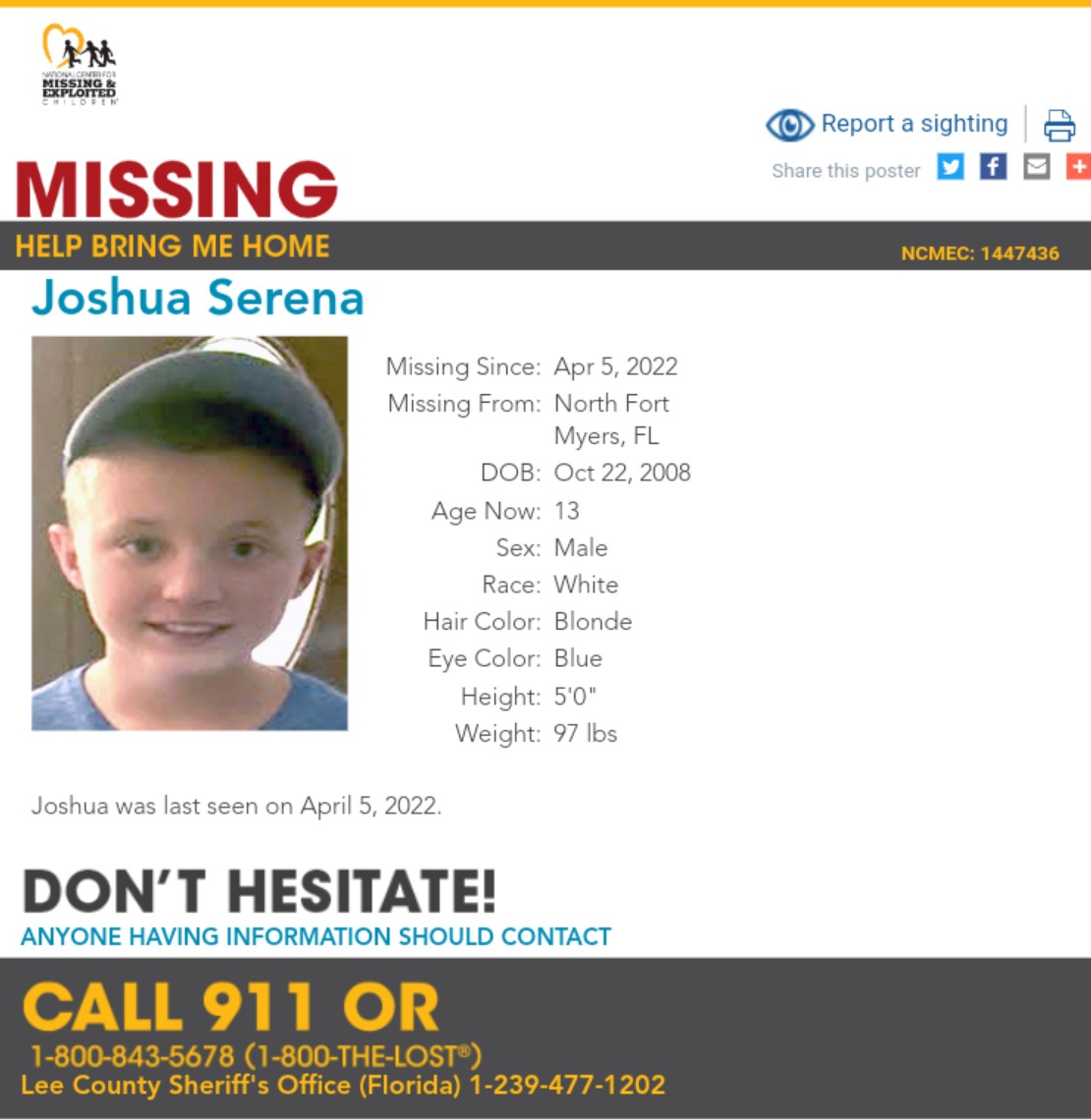 NoWonderland__'s tweet image. 🚨 MISSING CHILD ALERT 🚨
❌OUTREACH TO REPORTERS📣📣AND LAW ENFORCEMENT❌

JOSHUA SERENA, 13 y/o
Missing from 
#LeeCountyFL
#NorthFortMyers
Since April 5, 2022

Please #retweet and #tag local news stations! 
Joshua needs their help to come home 🥺🙏🏼
@SheriffLeeFL
@MissingKids