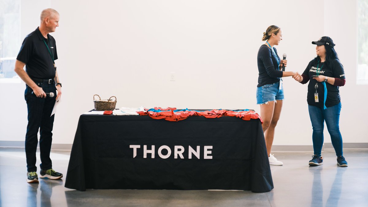 During a visit to @thornehealth headquarters this week, Thorne partner @MadisonKeys and @KindnessWinsFnd awarded a Medal of Kindness to Michelle Savell, Inventory Management Lead at Thorne and a local advocate for inclusive youth athletics. Read more: bit.ly/3E9i4AF