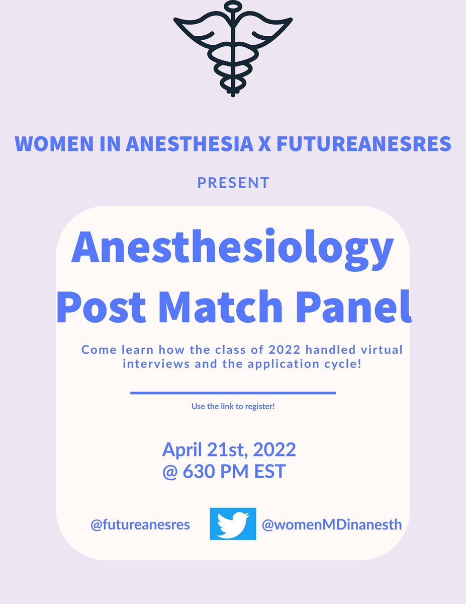 FutureAnesRes's tweet photo. 🗣 Calling all #match2023 applicants interested in #Anesthesiology! Futureanesres and @womenMDinanesth are having an anesthesiology post match panel! Sign up at the link below! 👇🏾 https://t.co/PPlOcqKSJp https://t.co/9LFFdIjFSW