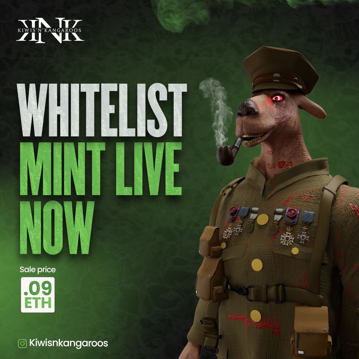 WHITELIST MINT IS LIVE NOW!

MINT HERE - mint.kiwisnkangaroos.com

DO NOT USE ANY OTHER LINK'S UNLESS THEY'RE FROM OUR OFFICIAL SOCIALS!

Come join the party in the Discord!
Discord.gg/kiwisnkangaroos 

Let’s go KNK Fam!
THE DAY IS FINALLY HERE! 🎉