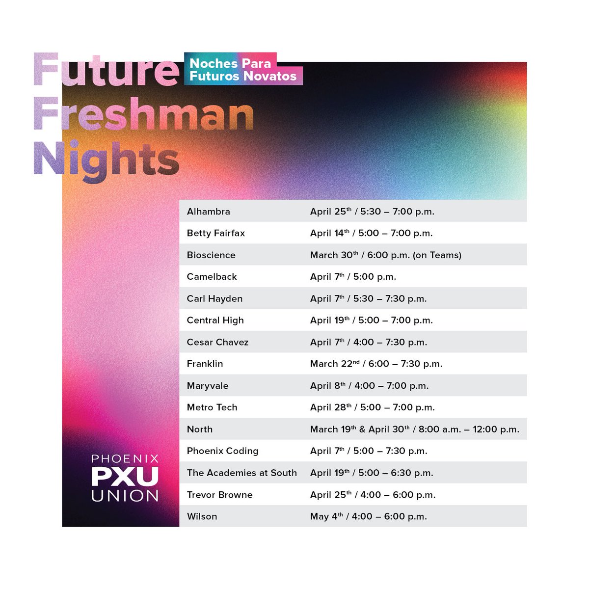 PhoenixUnion's tweet photo. We have had a handful of very successful Future Freshman Nights throughout the District so far 🎉🙌! There are still more to come 🗓. If you know any incoming freshmen, we encourage you to bring them to one of our Future Freshman Nights! #ThisIsWhoWeAre 🤩 https://t.co/Bvrpe4tBNi