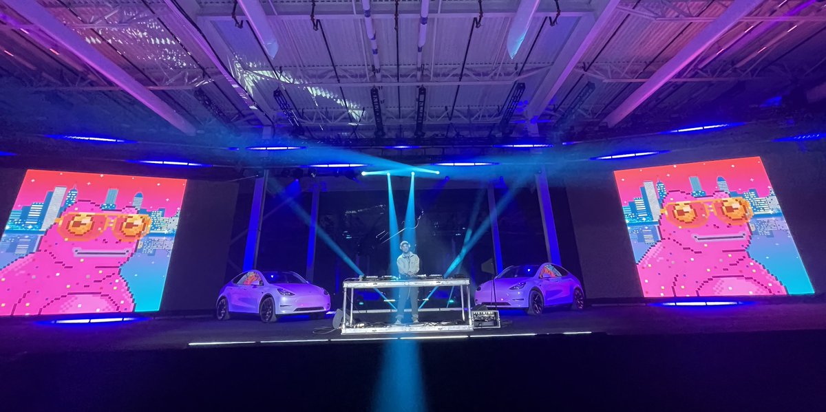DevDoomer's tweet photo. @ashrobin @trippytoadznft get yours today ser! Musician extraordinaire @WaxMotif just repped us last night at the @tesla Giga Texas opening! https://t.co/EDxiitcgZV