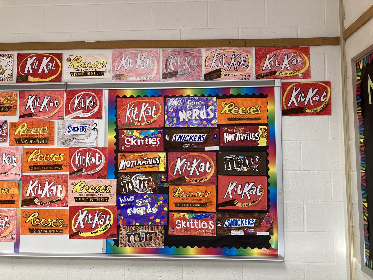 Craving a sweet treat? Stop by and check out our candy wrapper scale drawings! Students measured candy bar wrappers and drew triple-sized candy bars using scale factor! 🍫🍭🍬#candybarwrappers #scaledrawings #7thgrademath #kitkatsgalore