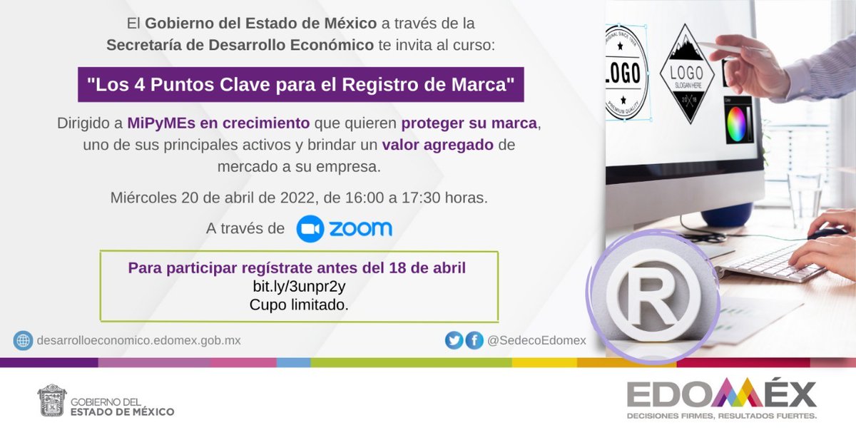 somoscecytem's tweet photo. Si quieres proteger tu marca y bríndale un valor agregado a tu #MiPyME, no te puedes perder el curso “Los 4 Puntos Clave para el Registro de Marca” que la preparó para ti, el miércoles 20 de abril a las 16:00 horas a través de ZOOM.
#DGComercioEdoméx https://t.co/Oa4LtOu9BT