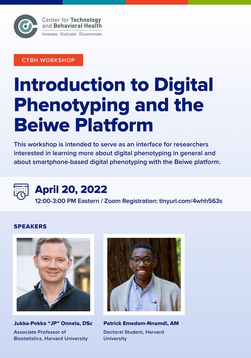 Interested in #DigitalPhenotyping &amp; want to learn more?

Please join us for a free three-hour workshop led by <a href="/jponnela/">Jukka-Pekka Onnela</a> and <a href="/patemedom/">Patrick Emedom-Nnamdi</a> and hosted by <a href="/DartmouthCTBH/">Center for Technology and Behavioral Health</a> <a href="/dartmouth/">Dartmouth 🌲</a>!

The workshop will be held from 12-3 PM EST on 4/20. 

Register here: 
tinyurl.com/4whh563s