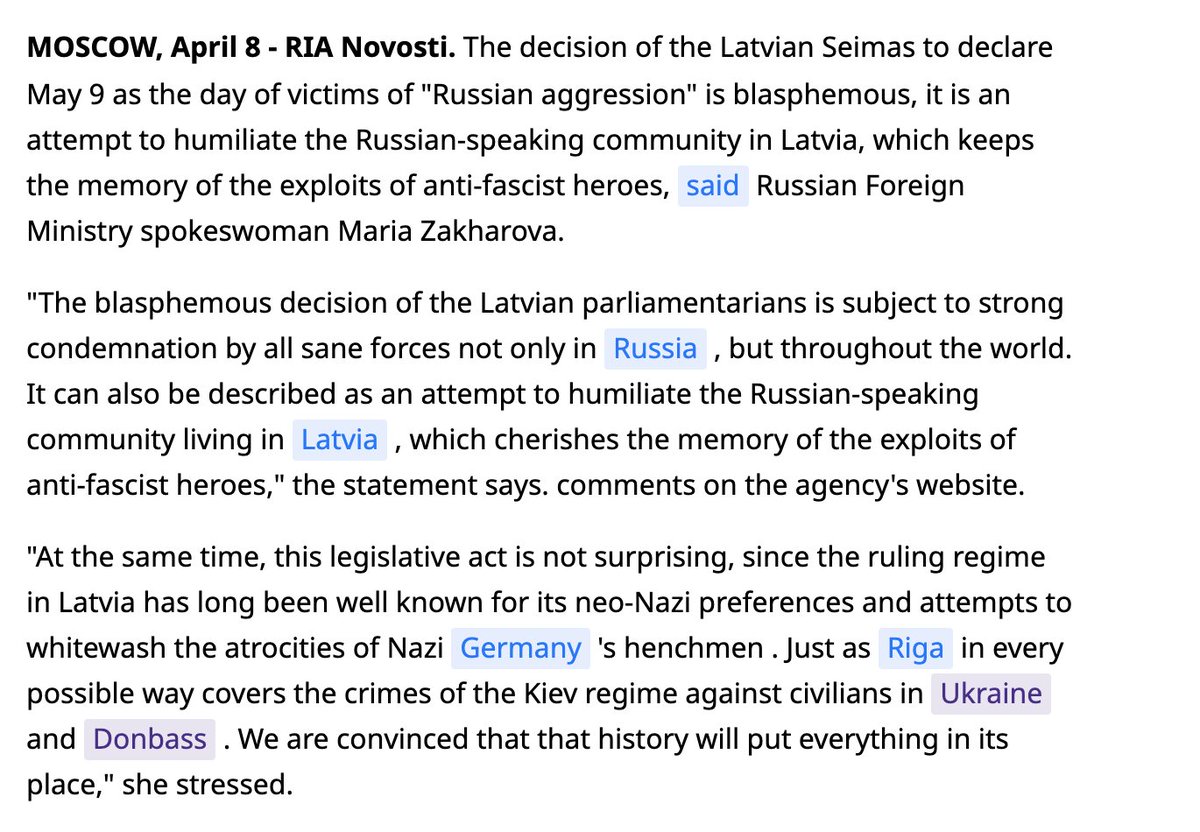 ⚡⚡⚡Russian MFA: "The ruling regime in Latvia has long been well known for its neo-Nazi preferences and attempts to whitewash the atrocities of Nazi Germany 's henchmen"