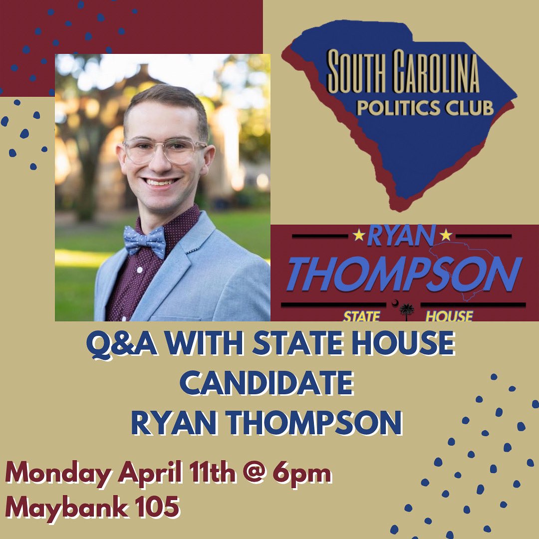 Join us on Monday the 11th at 6pm for our final meeting of the semester with guest <a href="/ThompsonForSC/">Ryan Thompson</a>! Ryan is a graduating senior at the College and currently runs the social media for our group. Come out and hear his campaign message and support your fellow Cougar!