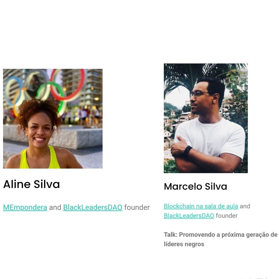 Excited to announce that Aline Silva (@AlineSilvaLuta) from #Mempondera and Marcelo Silva (@MarceloAlt5) from @Blck_SaladeAula, and both <a href="/BlackLeadersDAO/">BlackLeadersDAO</a> founders will present the plenary talk "Promoting the next generation of black leaders" at #IberoAm !