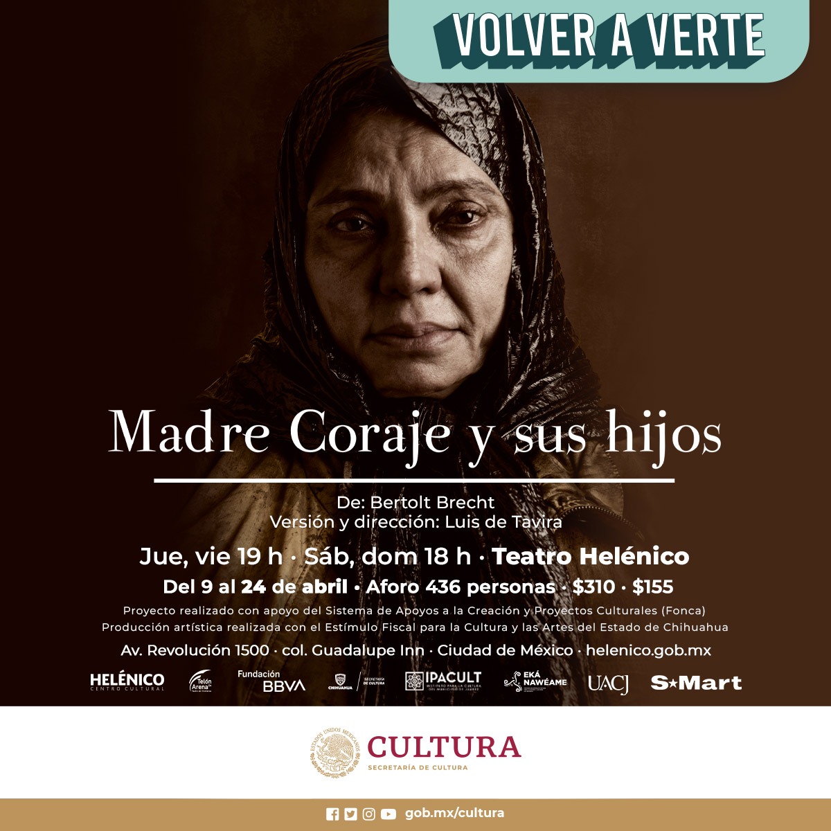 🎭Gana uno de los 5 pases dobles para el gran estreno de "Madre Coraje y sus hijos". Versión y dirección de Luis de Tavira. ¡Breve temporada!

📅 Sábado 9 de abril, 18:00 h

1. Da RT
2. Escribe tu nombre completo
3. Recibirás si eres un afortunado ganador.