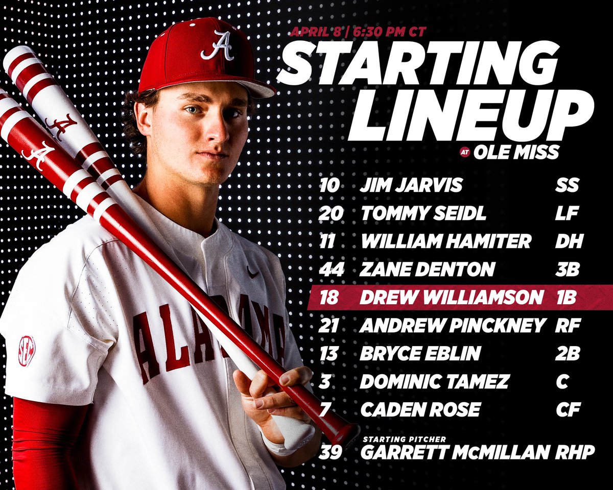 AlabamaBSB's tweet photo. Tonight’s starting 9️⃣

#RollTide https://t.co/EMyaDp0FKQ