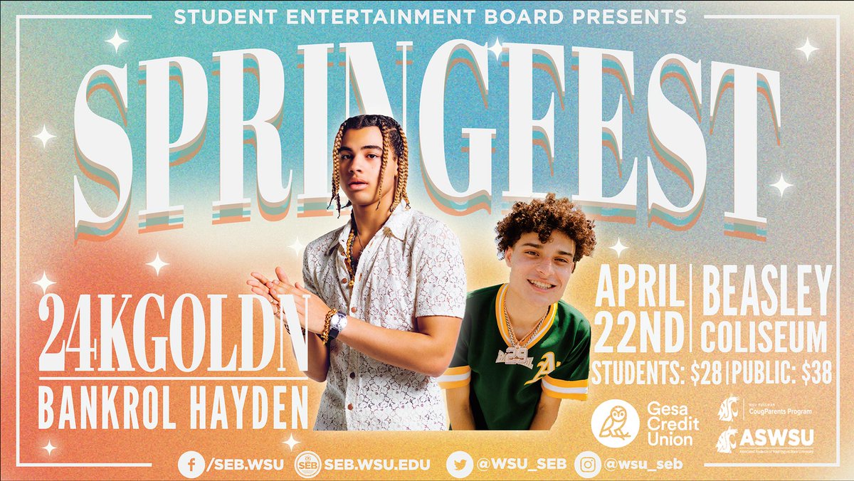 It’s time to get in the MOOD for Springfest 🤩

The hottest event of the year is at Beasley Coliseum on April 22, doors at 6PM!

Your headliner for the 2022 Springfest is 24K Goldn ✨ with opener Bankrol Hayden 💸

Tickets are on sale NOW

ticketswest.com/events/detail/…