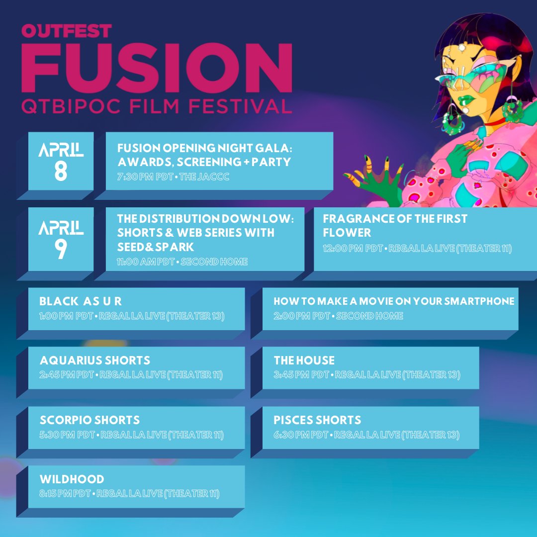 Outfest's tweet image. Angelenos, look no further for ways to escape the heat. ☀️ We got a stacked weekend planned for you right here. Head to outfestfusion.com/schedule to snatch up those tickets 🥤🍿🎟 #Outfest #Outfest40 #OutfestFusion #LGBT #LGBTQ #LGBTQIA #FilmFestival #QueerArt #queer #gay"