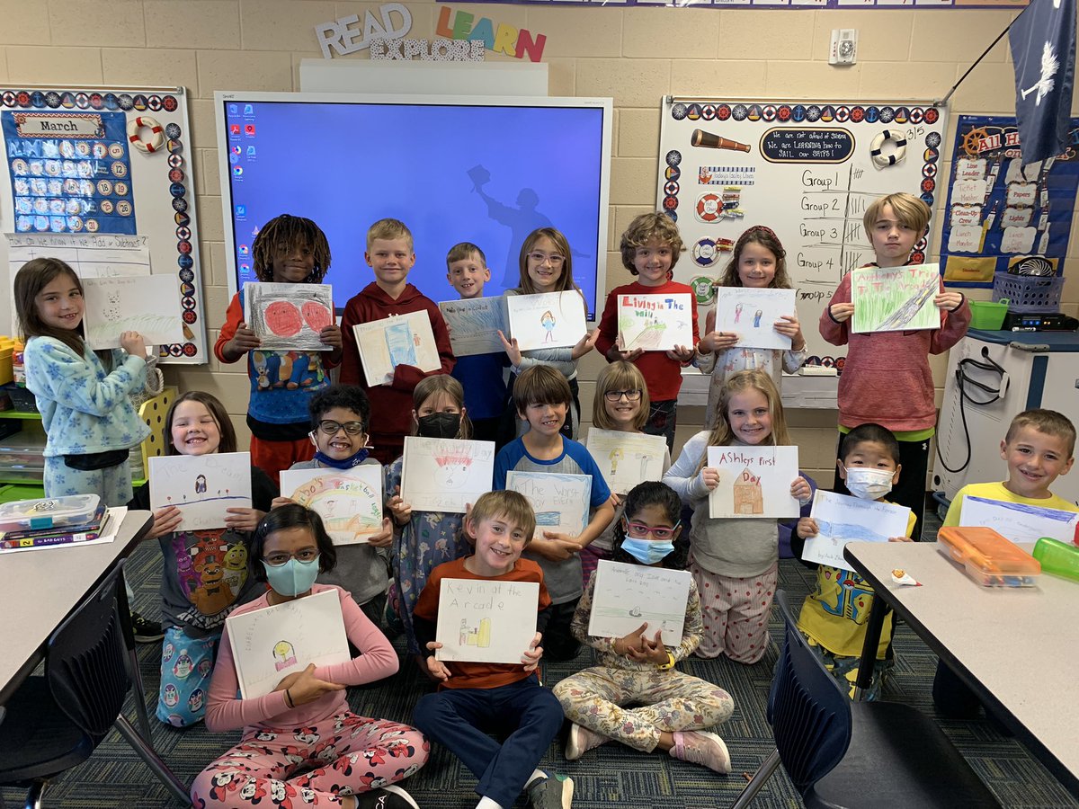 livelaughteach8's tweet photo. Today we celebrated weeks of planning, writing, revising, editing, publishing, and a lot of hard work!  These 2nd graders worked hard to create their own picture books, so we read them to a kindergarten and 1st grade class.  They were so proud and so was I!  @tegacaytitans https://t.co/aWiLhcxunU
