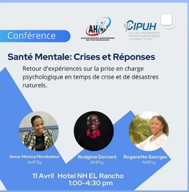 timvalda_'s tweet photo. Santé Mentale : crises et reponses. Comment les professionnel.les en sante Mentale en Haiti se mobilisent et s'activent auprès de la population.  C'EST ce lundi à El Rancho. #CIPUH2ans #santementale https://t.co/qlCD8UTqJH