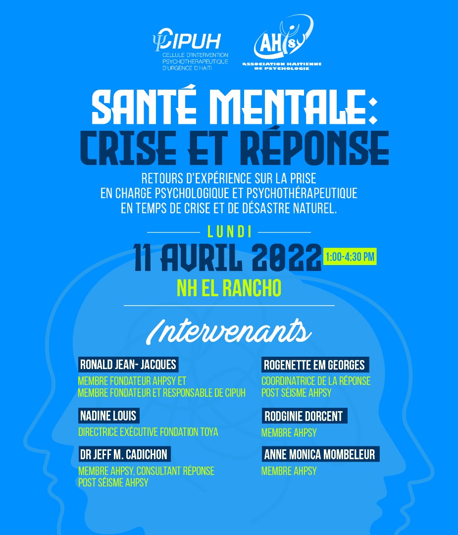 timvalda_'s tweet photo. Santé Mentale : crises et reponses. Comment les professionnel.les en sante Mentale en Haiti se mobilisent et s'activent auprès de la population.  C'EST ce lundi à El Rancho. #CIPUH2ans #santementale https://t.co/qlCD8UTqJH