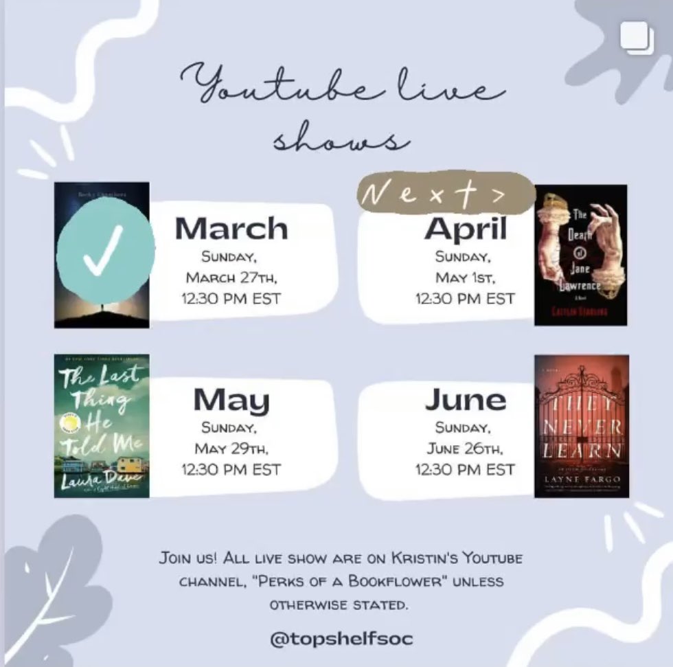 TopShelfSoc's tweet photo. Our April book is The Death of Jane Lawrence by Caitlin Starling!

Live Show: Sun, 1 May 12:30 pm EST 
At Kristin’s Youtube channel, Perks of a Bookflower. See you then! https://t.co/xmkV77wNVQ