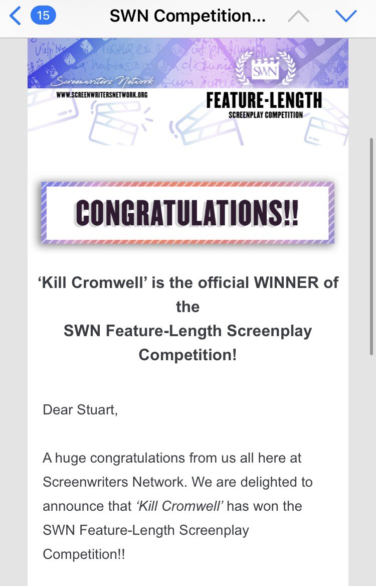 StuartBenson's tweet photo. Over the moon to have won the SWN Feature-Length Screenplay Competition for my Historical Comedy ‘Kill Cromwell’.

Absolutely delighted, thank you @ScreenwritersN!

#screenplay #screenwriter #screenwriting #screenwritersnetwork #swn https://t.co/LIIDxVFTON