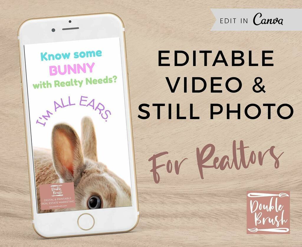DoubleBrush's tweet photo. "Know some BUNNY with realty needs? I'm all ears." Social media real estate  marketing for Easter or the Spring season just got a little more fun! Within minutes you could be posting this cute and humorous animated video to your social media and texting … https://t.co/2xxkFrf1YV https://t.co/VIFK6Zz62l