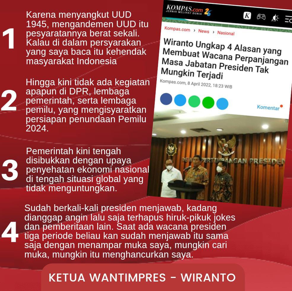 Berikut adlh 4 alasan yg membuat wacana perpanjangan masa jabatan presiden tak mungkin terjadi. 

Ketua Wantimpres Wiranto
@Fariza_Irawady