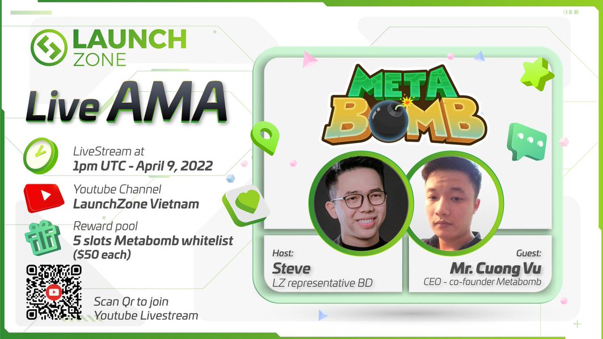 launchzoneann's tweet photo. AMA Series with @metabombgame

🎁Prize:  5 slots Metabomb whitelist, $50 each
🕰Date:  1pm UTC - April 9, 2022
🏛Venue: https://t.co/0pn3NulrLF https://t.co/mAKlBTTgGA