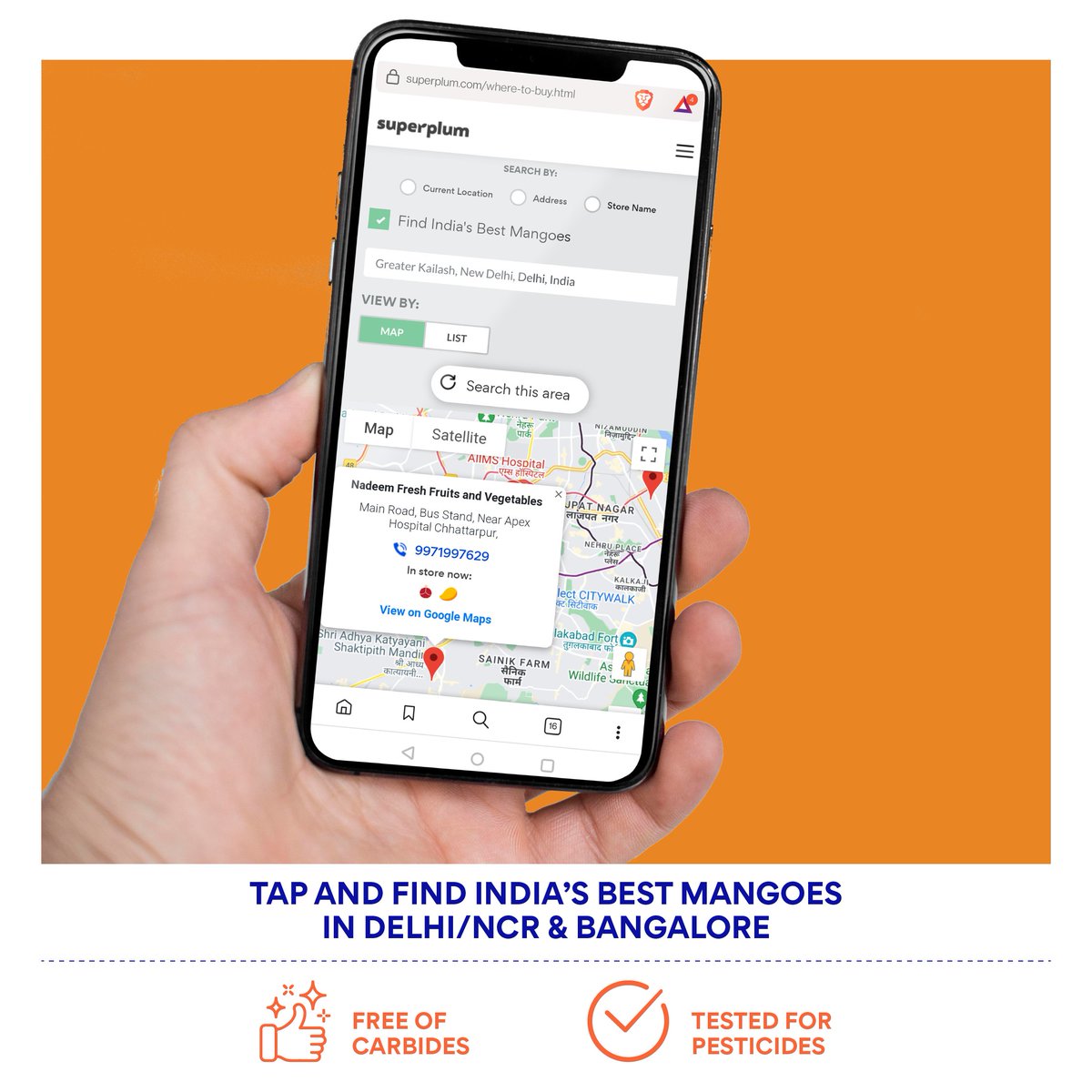 thisissuperplum's tweet photo. Finding our #CarbideFree #mangoes 🥭 in your neighbourhood is so easy! Simply:
1. 👆🏼 Visit https://t.co/lWIoS8M7UG
2. ✅ Select 𝗙𝗶𝗻𝗱 𝗜𝗻𝗱𝗶𝗮'𝘀 𝗕𝗲𝘀𝘁 𝗠𝗮𝗻𝗴𝗼𝗲𝘀
3. 📍 𝗘𝗻𝘁𝗲𝗿 𝘆𝗼𝘂𝗿 𝗮𝗿𝗲𝗮 in Delhi/NCR &amp; Bangalore

#NoCarbides #IndianGrown #superplum https://t.co/5fRvEDeega