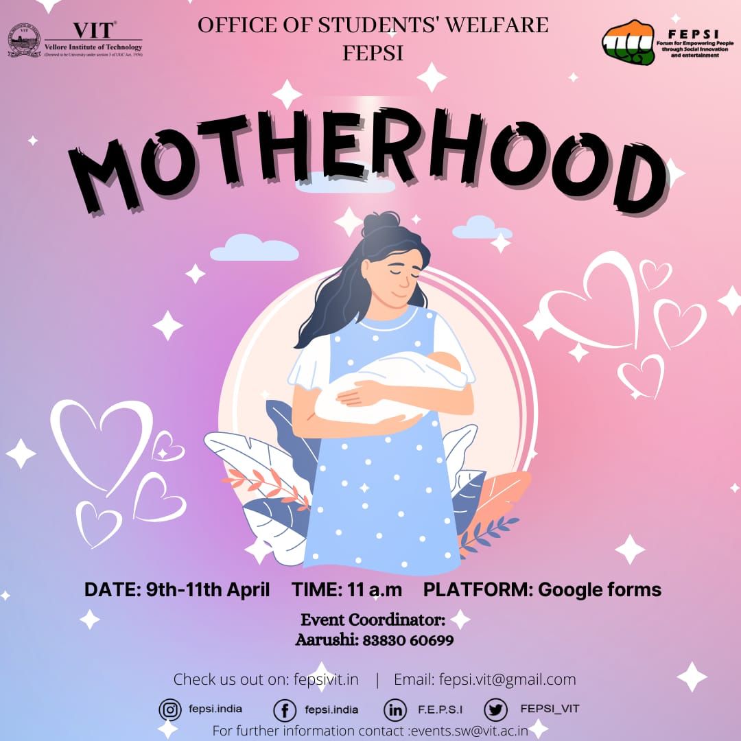 FEPSI_VIT's tweet photo. FEPSI brings you MOTHERHOOD, aiming to spread appreciation and advice to all the expecting mothers around the world. Drop in your photo with a message for the prettiest mother-to-be's on a placard in the form link provided below.
Link: https://t.co/m3XXzgsfKW https://t.co/EkMYxzDag1