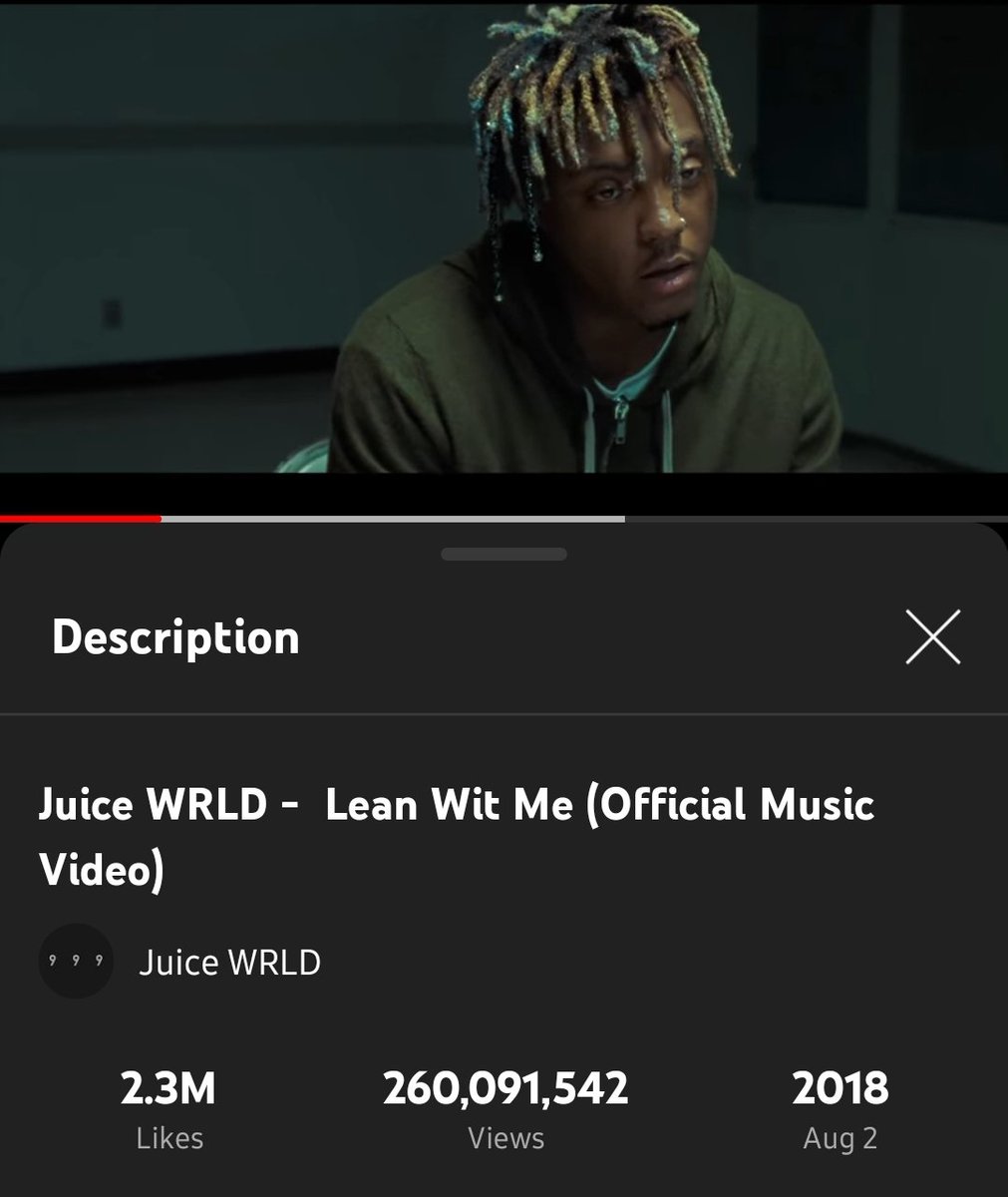 Juicewrld999fr's tweet photo. Juice WRLDs Music video for "Lean Wit Me" now has 260 Million views on YouTube! 🖤 @JuiceWorlddd
.
.
.
.
#LLJW #JuiceWrld #leanwithme #Singer #Rappers #Rap #raptv #chicagorapper #999forever #juicewrldforever #jaradhiggins #jarad #allylotty #luciddreamss #robbery #drfl #gbgr https://t.co/QZFjXvmaTn