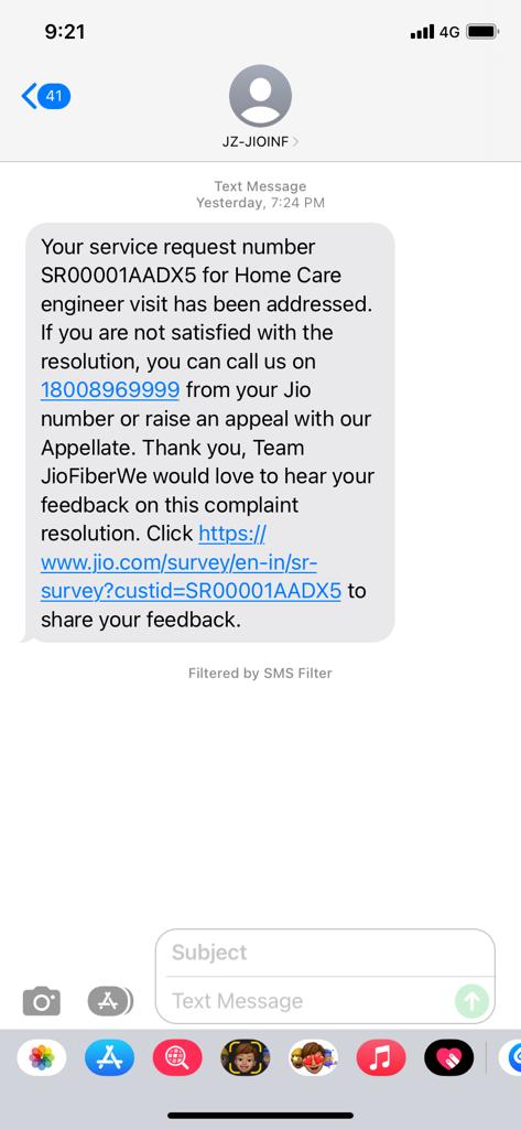NithinJ66's tweet photo. @JioFiberVoice @reliancejio @RelianceJioCare #jiofiber extremely disappointed with ur jio fiber customer care.raised 2 tickets for connection issue and multiple engineer visit scheduled,nothing happened. All the tickets are closed now and got msg engineer visit addressed.. https://t.co/zzUie9Cs1k