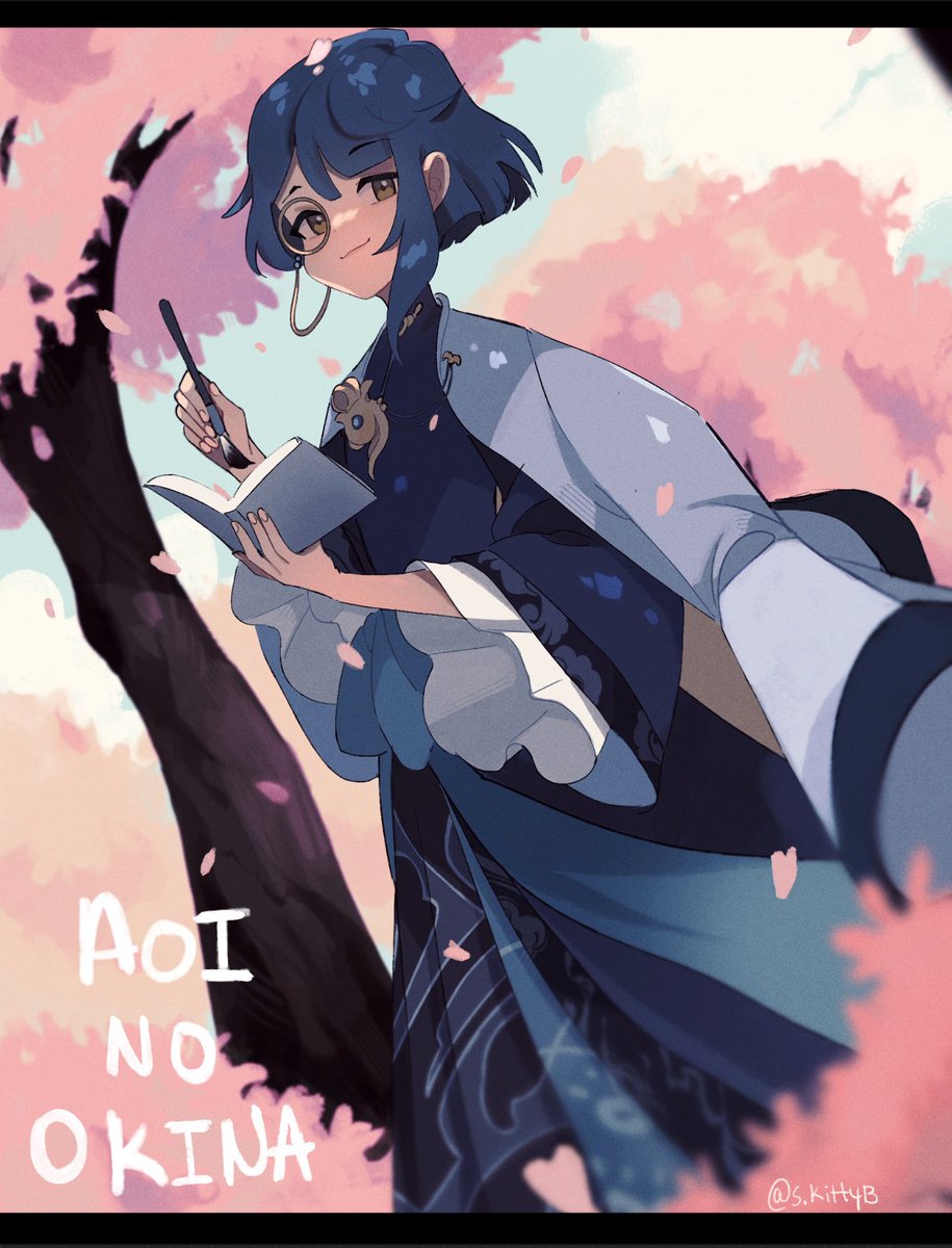 xingqiu (genshin impact) monocle blue hair solo holding book cherry blossoms male focus  illustration images