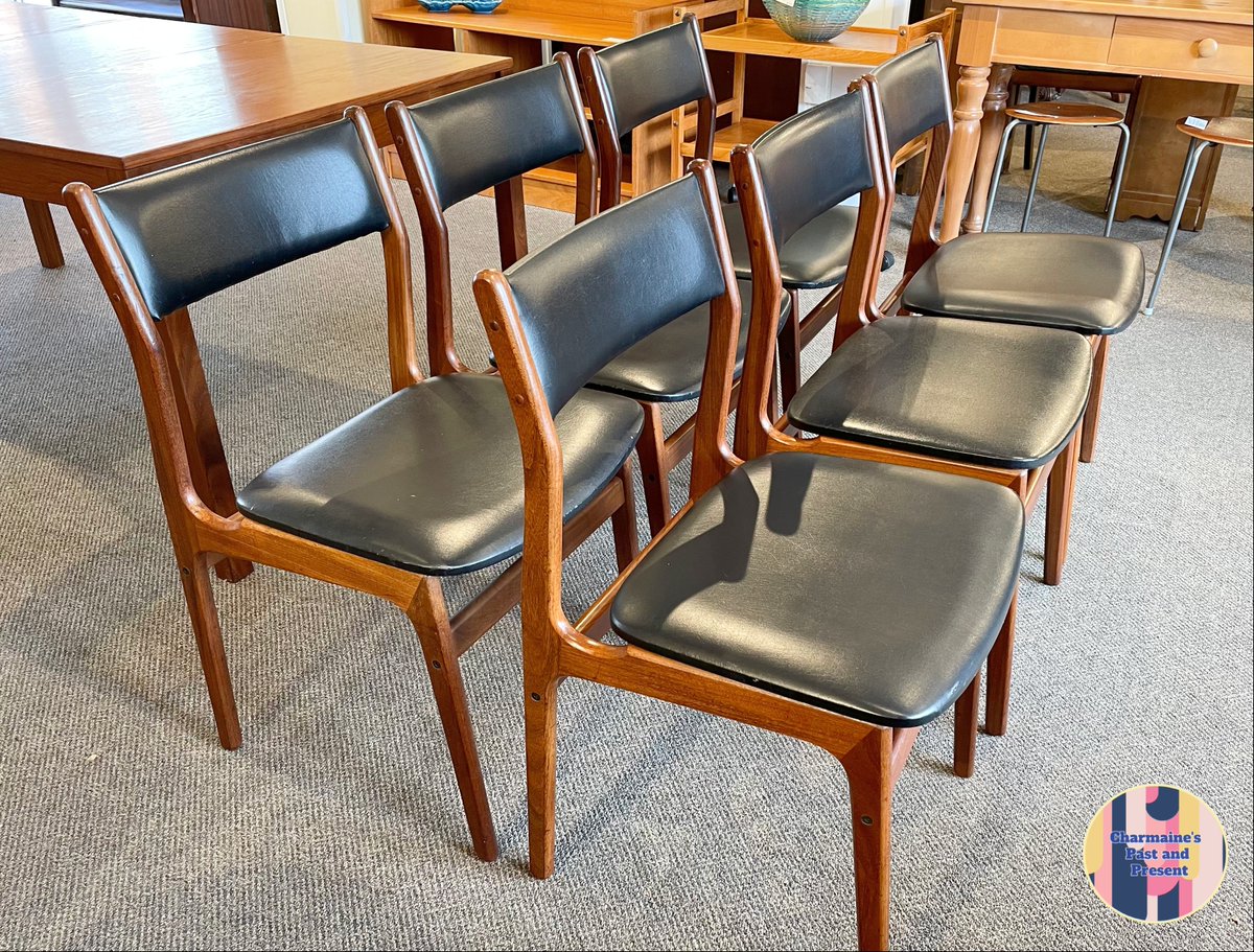 charmainesVic's tweet photo. This excellent set of 6 solid teak chairs with black vinyl upholstery capture the Mid-Century look in a way that is hard to beat. 
See more on our website: 
https://t.co/fCENWm41j5

#midcentury #mcm #teak #teakdiningchairs #shoplocalyyj #victoriabc #charmaines #yyjvintage https://t.co/fOiblMQqrn