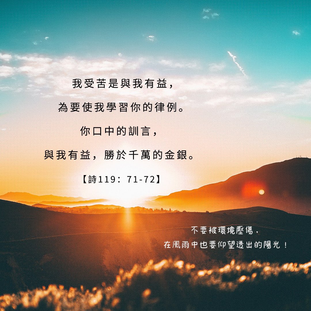 ISeeLight_t's tweet photo. 詩篇(Psalm)119:71-72 我受苦是與我有益,為要使我學習你的律例。你口中的訓言,〔或作律法〕與我有益,勝於千萬的金銀。
☞https://t.co/Kv7m5Nt3k2
#每日經文 #華語基督徒 #聖經分享交流 #DailyBibleVerse #ISEELIGHT https://t.co/6DVOs6Fx3O