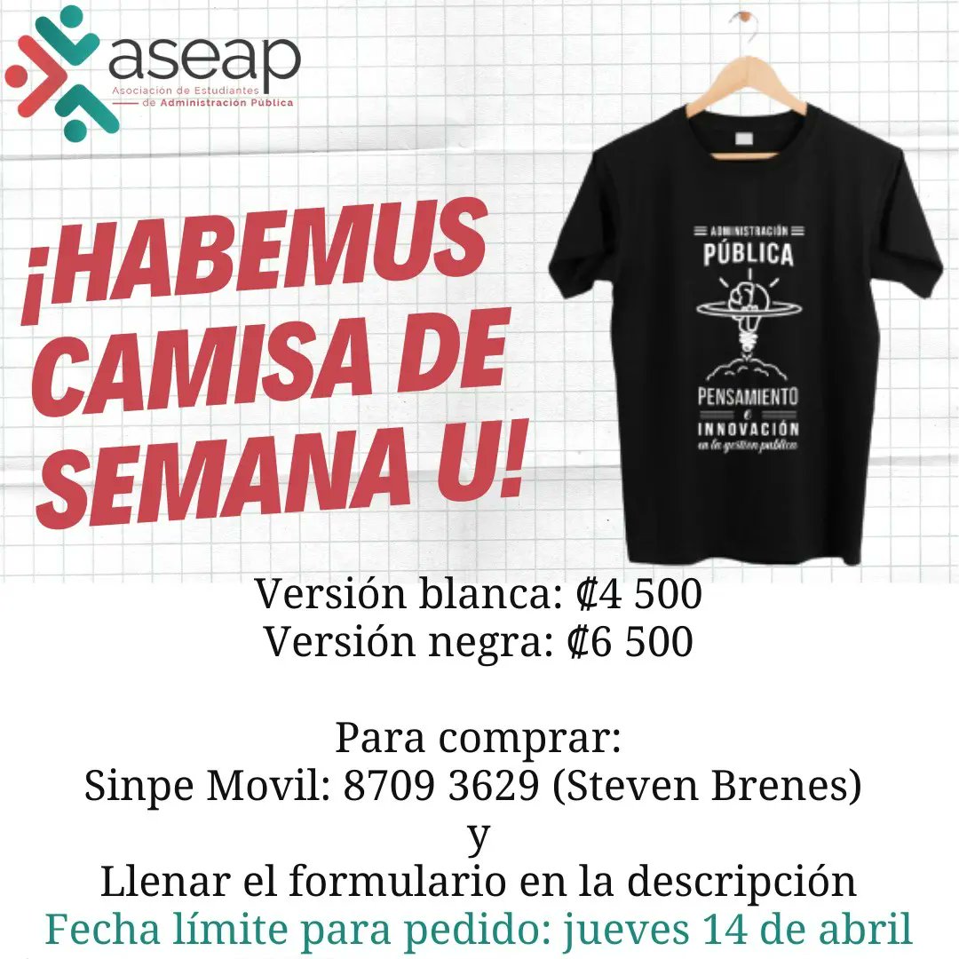 ASEAPUCR's tweet photo. ¡Ya tenemos diseño de Camisa para Semana U! 🥳

Tenés tiempo al jueves 14 de abril para realizar el pago de la camisa
En el form pueden elegir el color de camisa, la talla y debes adjuntar el comprobante de pago por sinpe movil 
https://t.co/3gRu23VDbE https://t.co/Q497NYSRxY