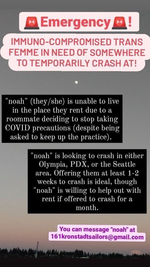 GWmutualaid's tweet photo. "Noah" is looking for a couch or room for a week at a COVID-safe home- if that's you reach out at the attached email! 🌟 https://t.co/3ss4WoiHIY