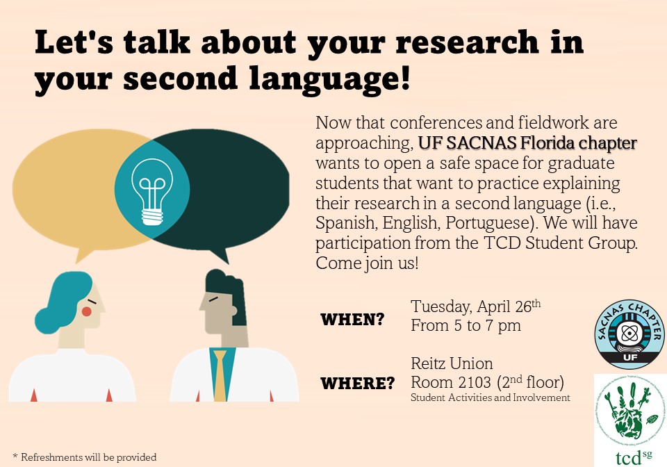 UFSACNAS's tweet photo. Before this semester ends, UF SACNAS Florida chapter wants to open a safe space for YOU to practice explaining your research in a second language (i.e., Spanish, English, Portuguese). Please fill out your information here (https://t.co/ROqdlbZlnU) or use the QR code! https://t.co/mX1PtVhe5Q