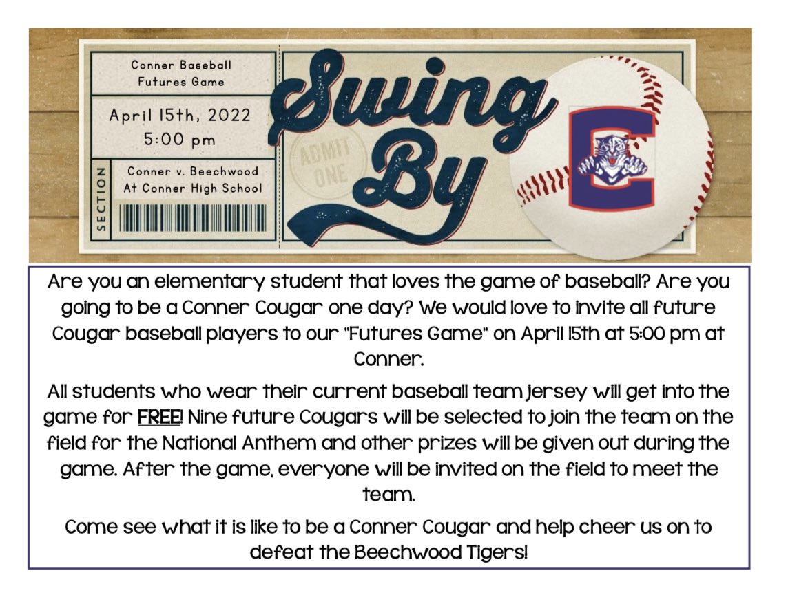 Next Friday will also be the first of what we hope to make an annual event. 

All elementary aged future Cougar baseball players who wear their baseball jersey will get in free. Please retweet this and share with families looking for something fun to do over Spring Break!