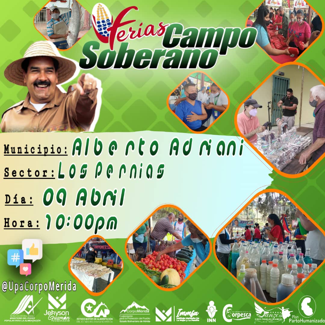 #8Abr || #LasFeriasDelCampoSoberano mañana estaremos en el municipio Alberto Adriani, en el sector Los Pernias, llevándoles los mejores productos para la semana mayor.

Los esperamos con tu bolsa 🛍️ y tapabocas 😷

#CulturaVenezolana