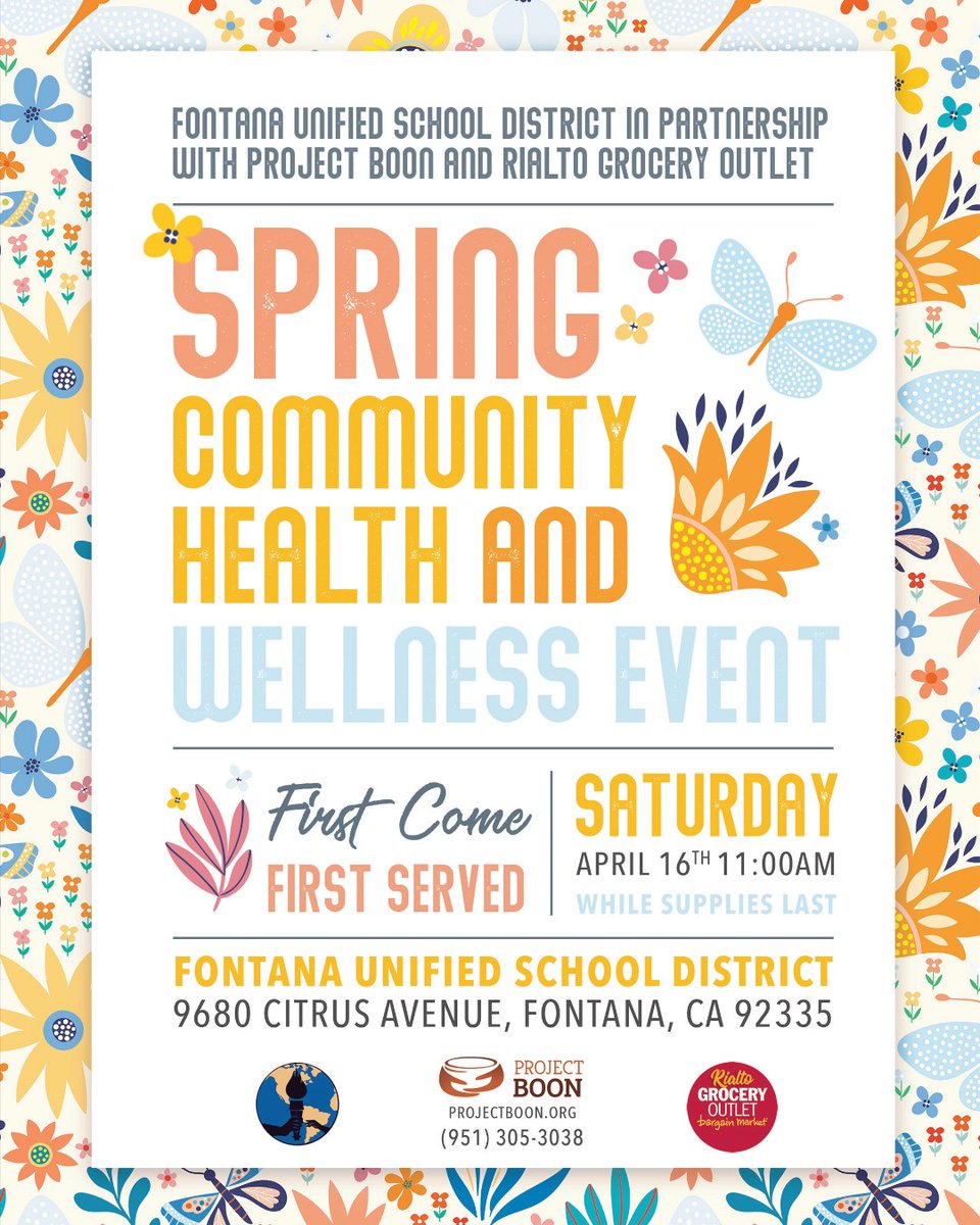 All FUSD students and families are invited to attend the Spring Community Health and Wellness Event sponsored by Project Boon and the Rialto Grocery Outlet.  We will have a special guest appearance by Mr. Bunny &amp; the 1st 300 families receive a bag of free groceries.