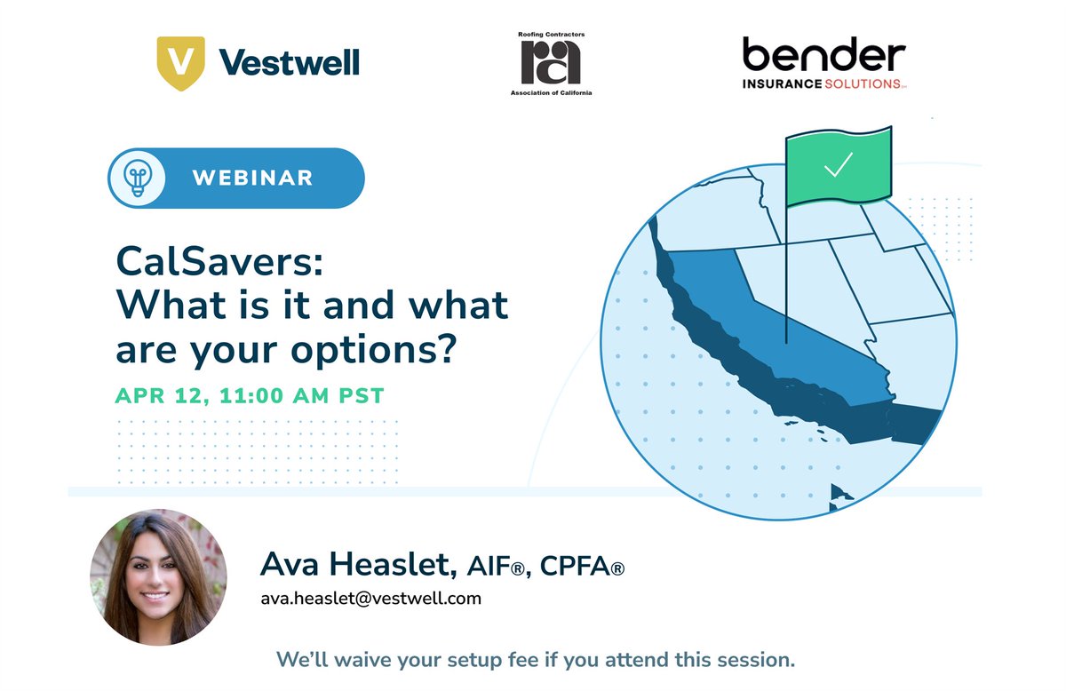 RCACAL's tweet image. Tuesday is our webinar: CalSavers - What is it and What Are Your Options? Presented in conjunction with @Vestwell and @Bender_Ins. Register now! bit.ly/3KshpfF