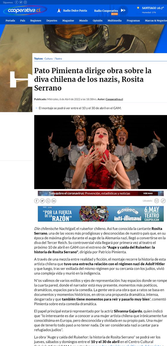 centroGAM's tweet image. #LaPrensaHabla📻 #PatoPimienta director de Auge y caída del Ruiseñor: la historia de Rosita Serrano 🌹 conversó con @Cooperativa sobre este montaje que narra la desconocida historia de la diva chilena del Tercer Reich que está próxima a estrenarse
+ info &amp;gt; ow.ly/f4tk50IEf0S