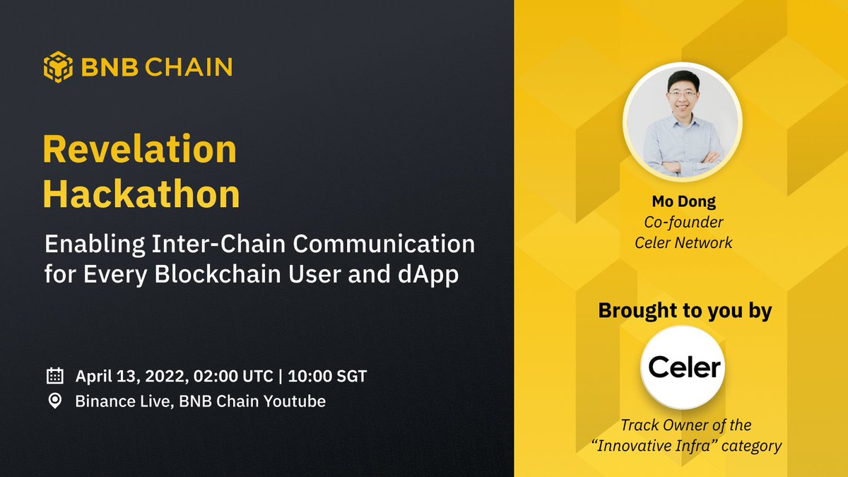 CelerNetwork's tweet photo. 👀💻Join our @BNBCHAIN Revelation Hackathon panel as Celer Co-founder Dr. Mo Dong talks about enabling Inter-Chain communication for every blockchain, user, and dApp

⏰When: April 13 02:00 UTC | 10:00 SGT
🚄Where: https://t.co/e2bDAkzQGH https://t.co/AQQIEIPZ73