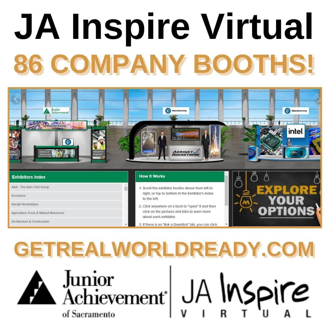 SacramentoJA's tweet image. JA Inspire Virtual features 86 COMPANY BOOTHS of national and local employers for students to engage with. Visit GetRealWorldReady.com to learn more today! #JuniorAchievement #JASAC #JAInspireVirtual #SacramentoInspires #SacramentoProud