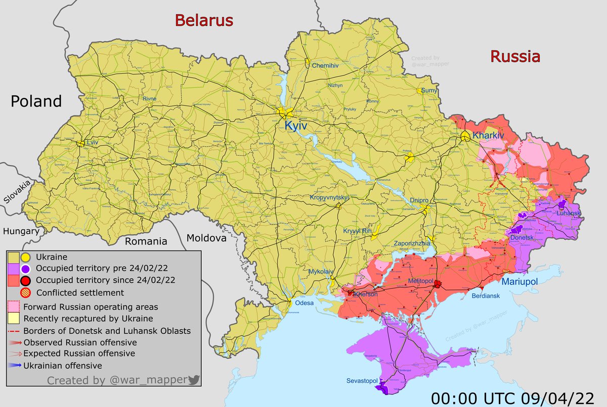 Карта боевых действий: Карта боевых действий. Украина 9 апреля 2022 год
