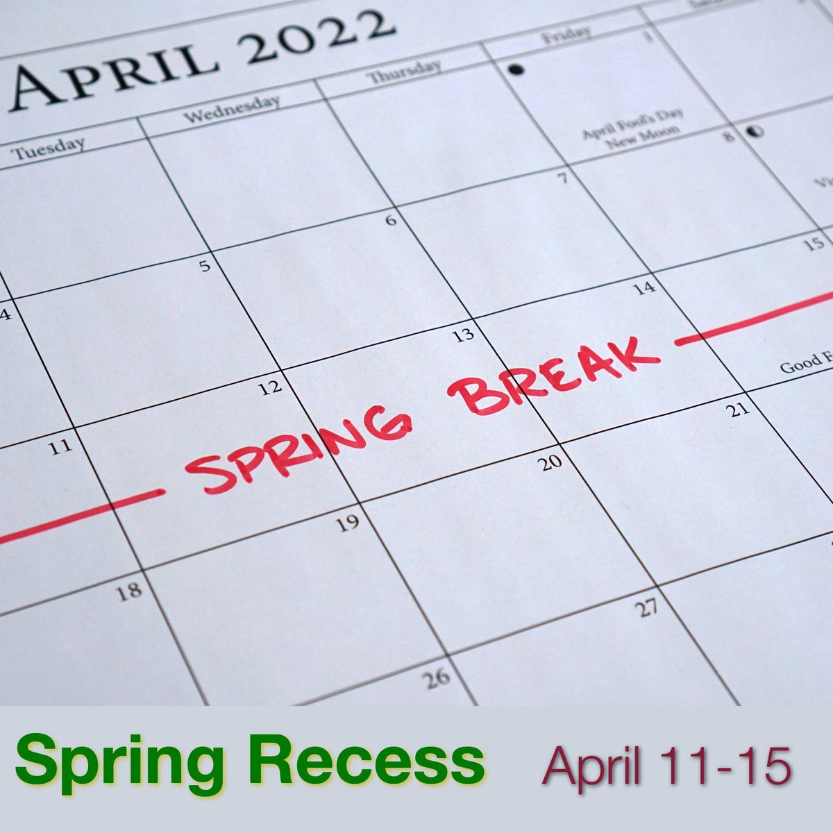 @LASchools will be closed Monday, April 11 to Friday, April 15, for Spring Recess. On behalf of the @ManualOf have a restful & safe #SpringRecess. @DrGeorgeMcKenna @Jackie4LAkids @FrancesBaez10 @lausd_ldc @GpaObama @manualartshs @24thElementary @FoshayLC @AvenueEs @JWMackES1