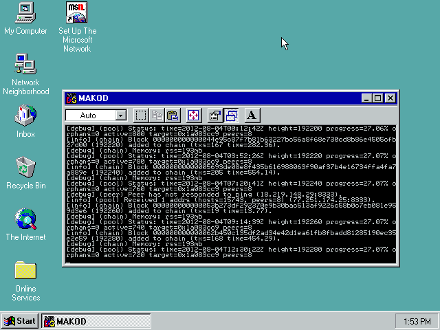 _chjj's tweet photo. mako #bitcoin node running on windows 95 (osr2) https://t.co/xUtlA8jmgW