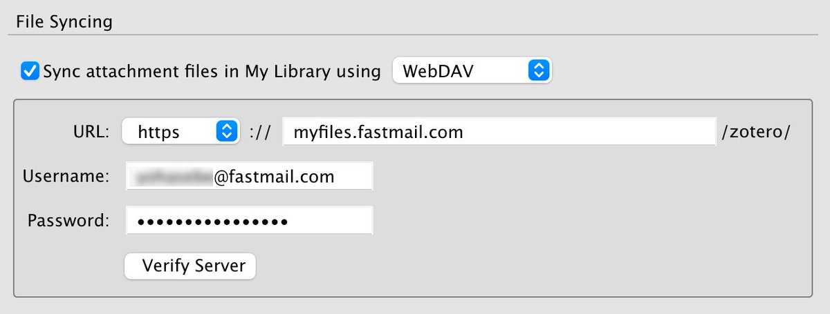 yohasebe's tweet image. Configured my Zotero app to use Fastmail&apos;s webDAV space for PDF sync across devices. Works perfectly. Far less expensive than Zotero&apos;s own file storage service. #zotero #fastmail