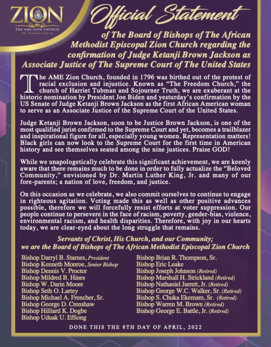 wdarinmoore's tweet image. Statement from the AME Zion Board of Bishops. #KetanjiBrownJackson