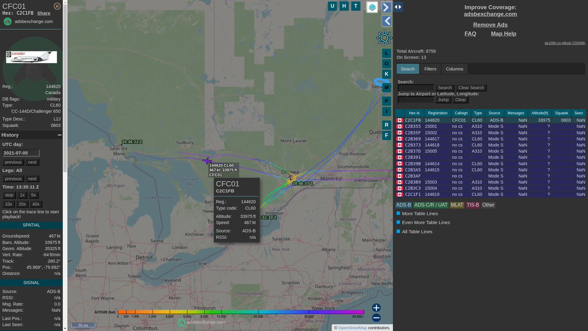 steffanwatkins's tweet image. 🇨🇦 #RCAF CC-140D 144620 #CFC01 flew 2021-07-05 to Sault Ste Marie and back. Did you follow how I did that? You're a honest-to-god research wizard to the people at Rebel News now. Like you "hacked the RCAF mainframe", or whatever they think this is. 🤷‍♂️